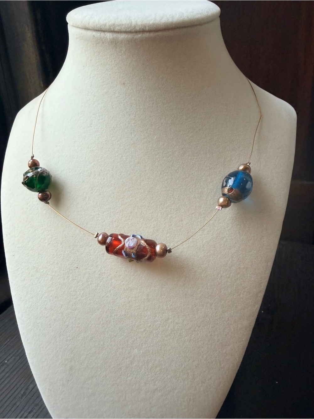 Handcrafted Multicolor Glass Bead Necklace — Green, Red & Blue